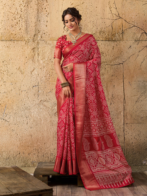 KcPc New latest Cotton silk Ajrakh style With Ajrakh HandPrint Work Saree STL