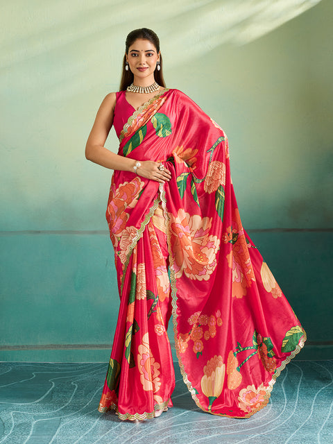 Red saree with floral patterns