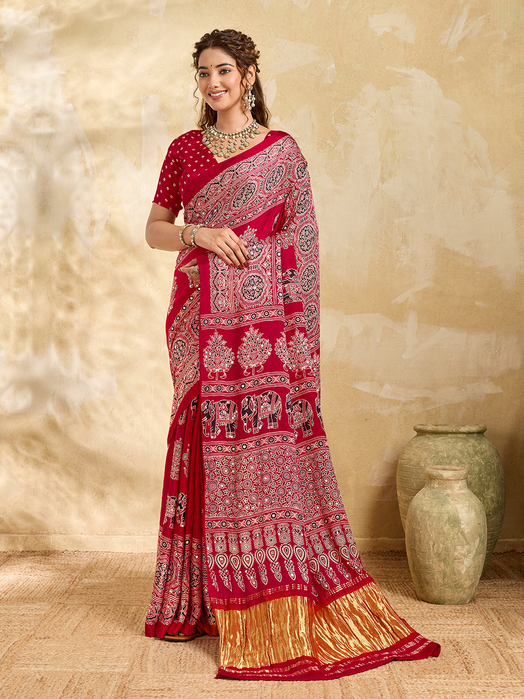 Buy Modal Silk Ajrakh Style With Mirror Work KcPc 