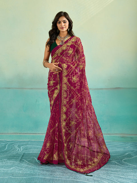 KcPc Designer Rajwari Style Chiffon Saree with Aari Embellishment  SNI