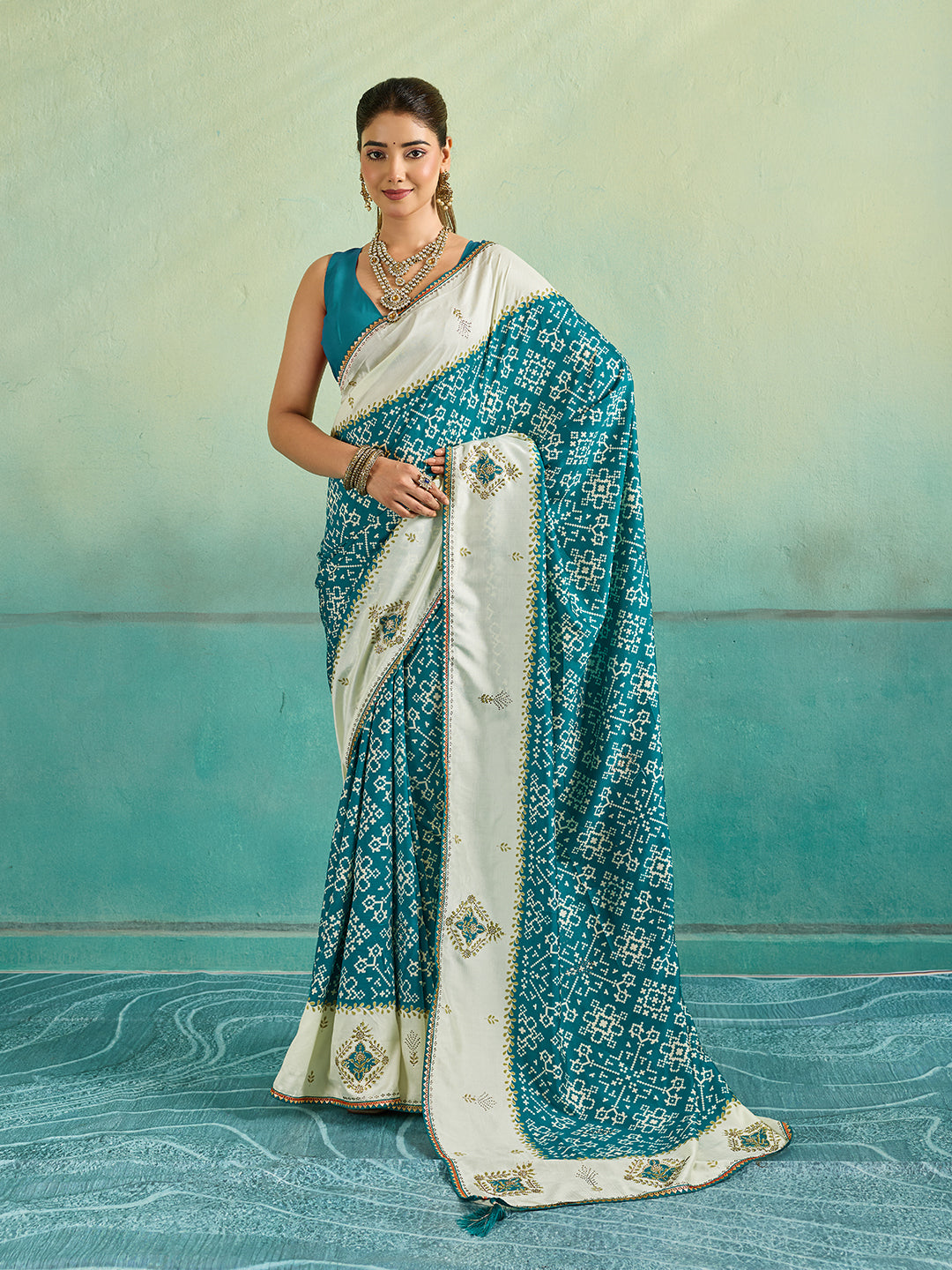 KcPc New Creap Silk Ajrakh Style With Stone Work Saree STR