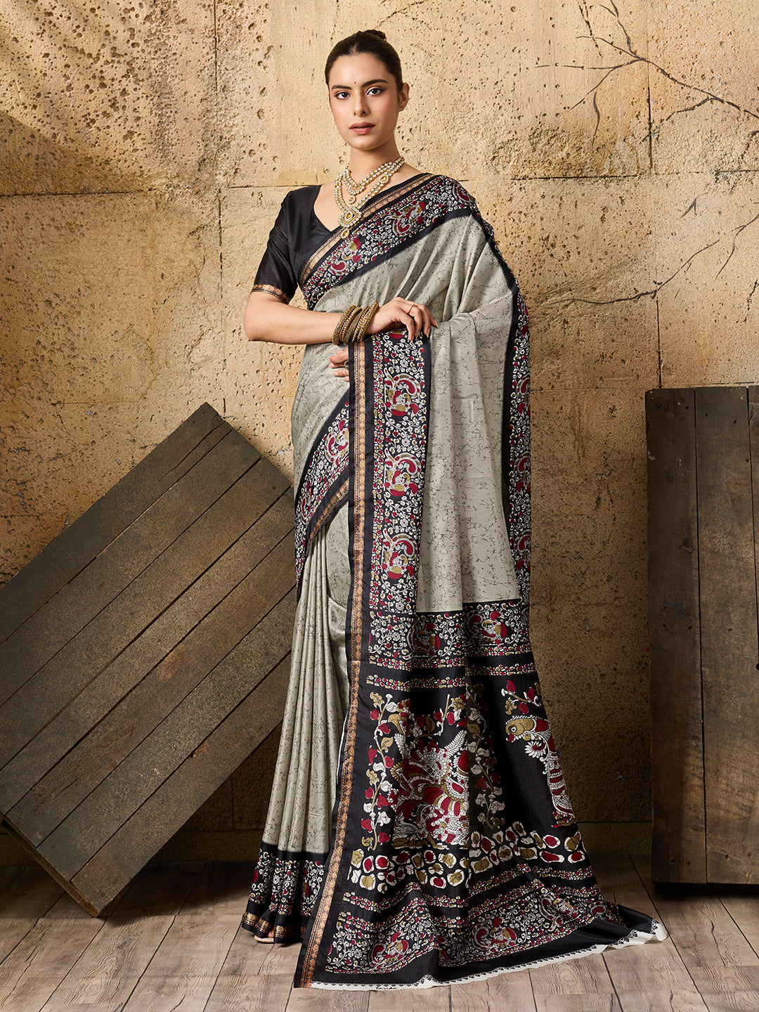  Silk Printed Style With Zari Border Work Saree in gray colour