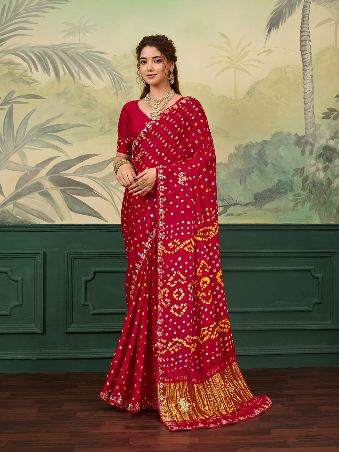 KcPc New Gaji Silk Bandhani Style Saree with Cutdana & Gotapatti Work VND