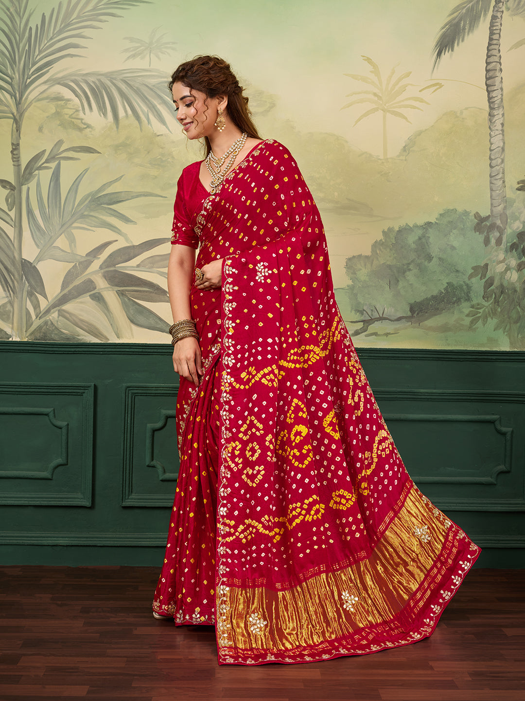 KcPc New Gaji Silk Bandhani Style Saree with Cutdana & Gotapatti Work VND