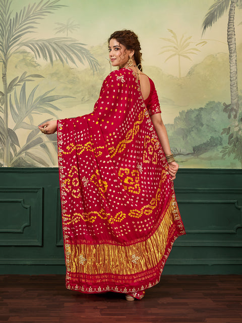 KcPc New Gaji Silk Bandhani Style Saree with Cutdana & Gotapatti Work   VND