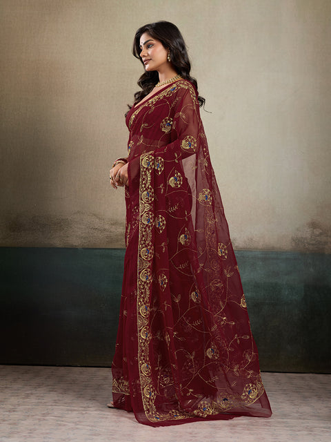 Buy Designer Saree With Handcrafted Aari Tari Work 