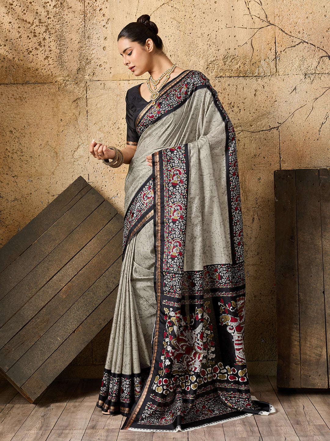  Silk Printed Style With Zari Border Work Saree in gray colour