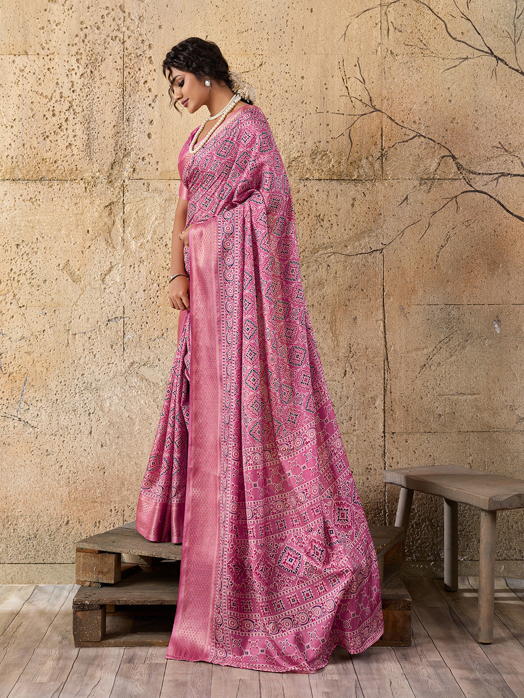  Cotton silk Ajrakh styleSaree under 1000