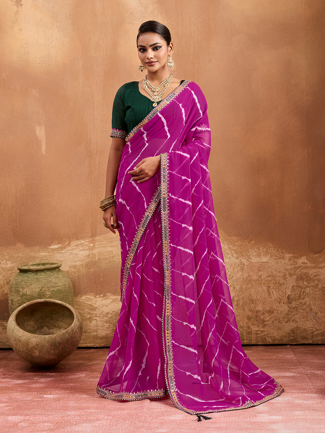 Leheriya style saree in pink colour 