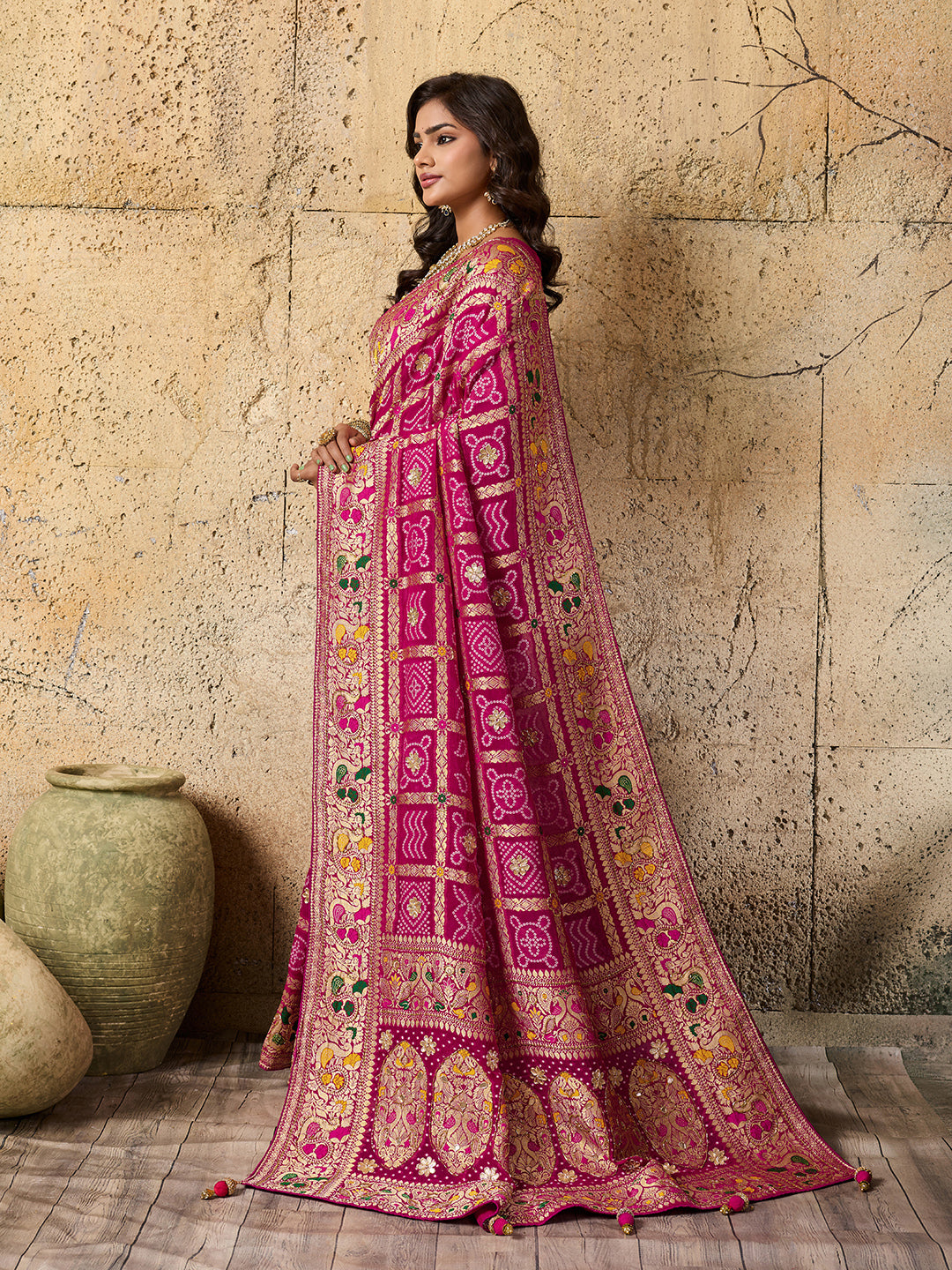  Georgette Gharchola Bandhej Cutdana Gotapatti Work Saree 