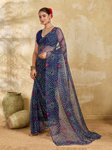 A blue colour geometric patterned saree with bandhani style dots under 500