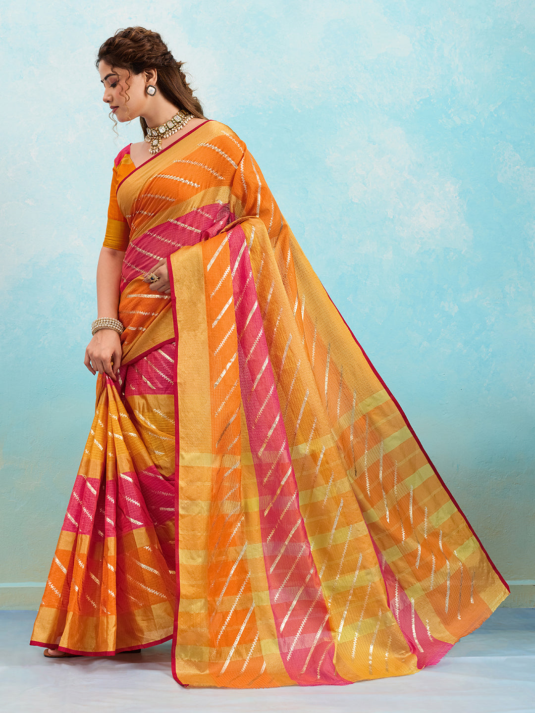 KcPc New Rajasthani Mahajani Kota doria Kashida Foil Print work SareeSWA