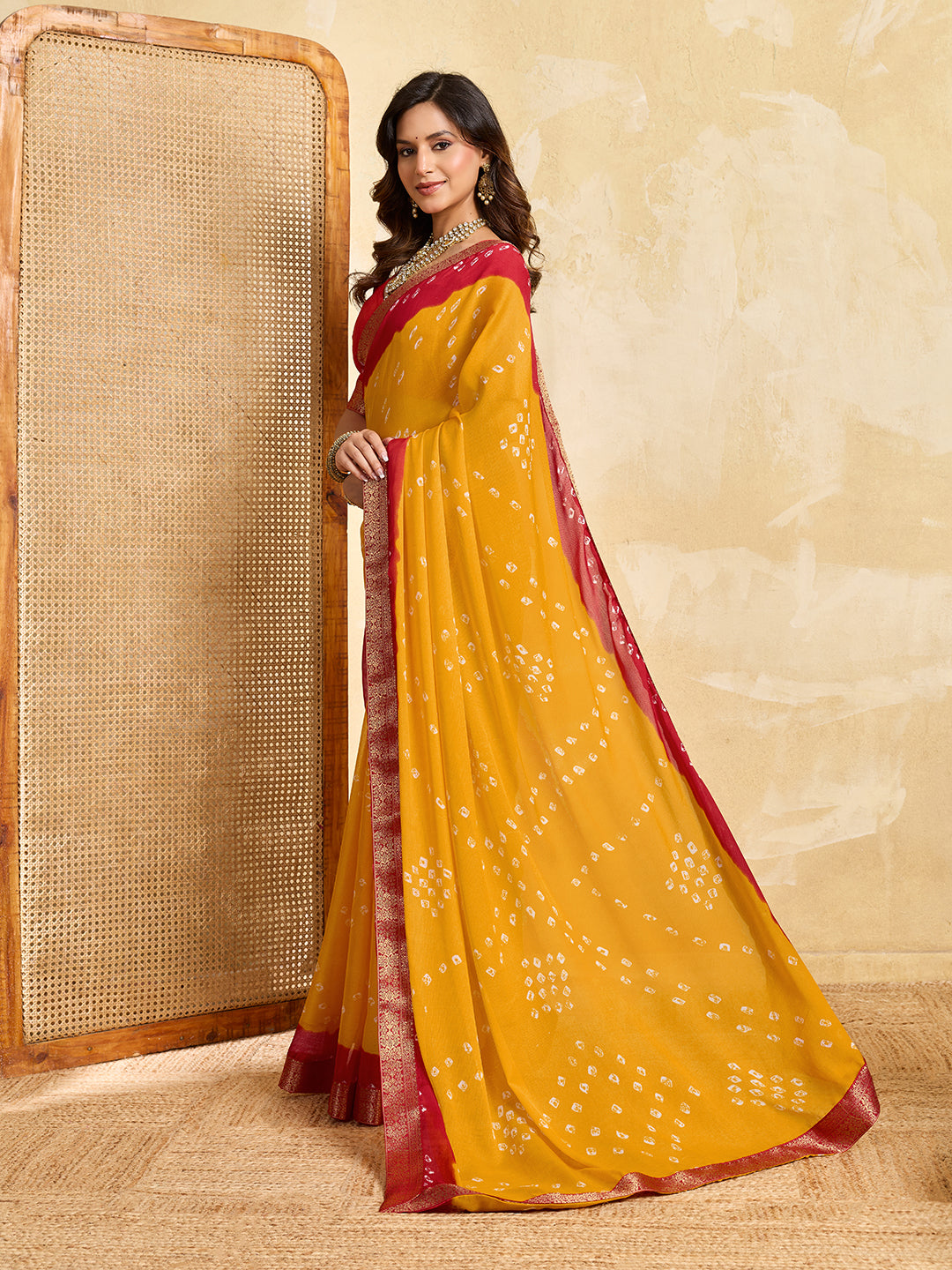 KcPc New Beautiful Moss Chiffon Georgette Bandhani Sarees Yellow Red KDM