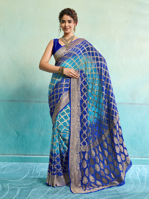 KcPc New Launch Pure Khaddi Georgette Upada Neemzari Bandhej Saree  Firozi Blue