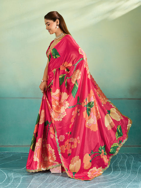 Red saree with floral patterns