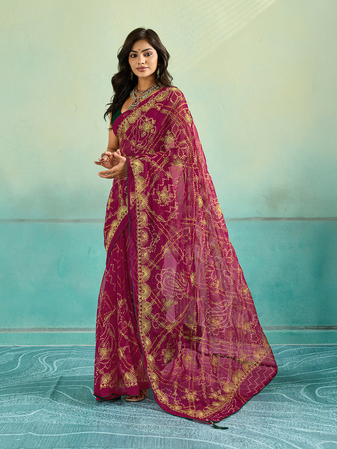 KcPc Designer Rajwari Style Chiffon Saree with Aari EmbellishmentSNI
