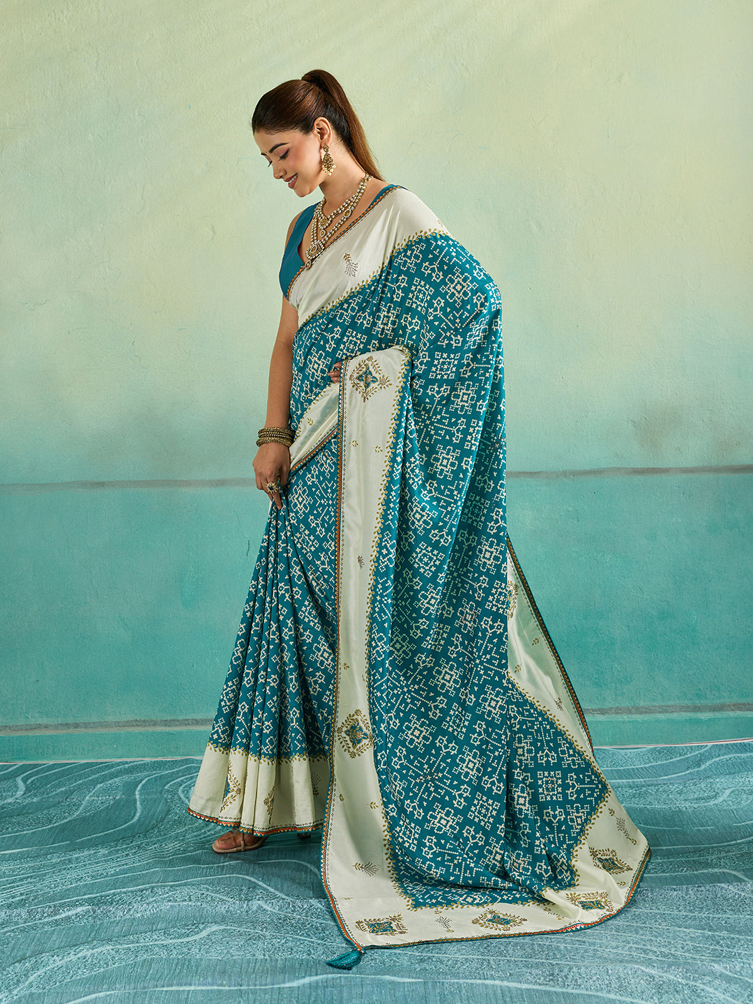 KcPc New Creap Silk Ajrakh Style With Stone Work Saree STR