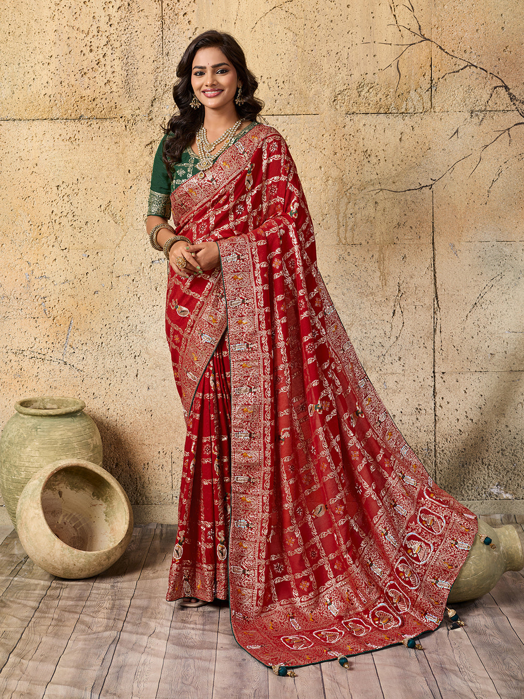 KcPc Designer Rajwadi style Gharchola Bandhej Sarees red pdm