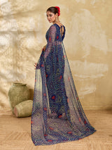 A blue colour geometric patterned saree with bandhani style dots under 500