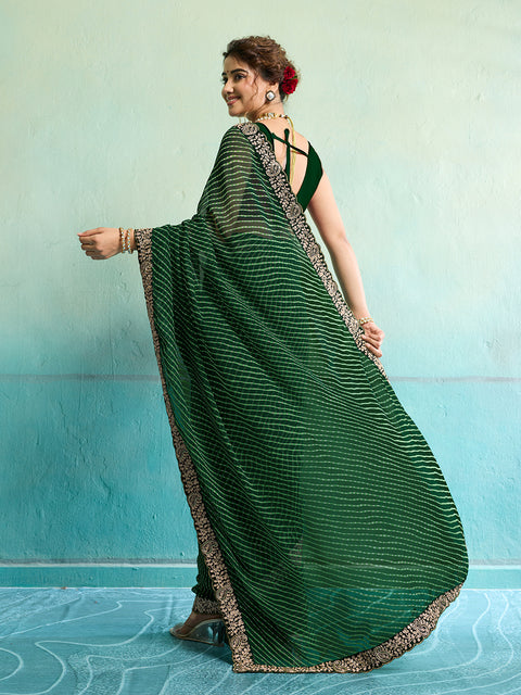 KcPc New Beautiful Georgette Leheriya Style With Embroidery Border Work Saree STL