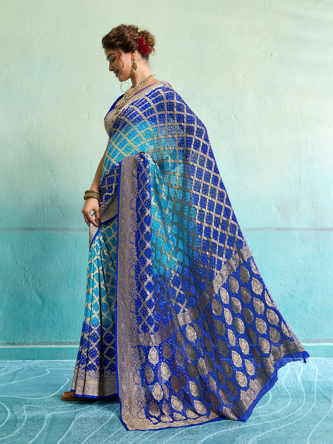 KcPc New Launch Pure Khaddi Georgette Upada Neemzari Bandhej SareeFirozi Blue