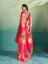 Red saree with floral patterns