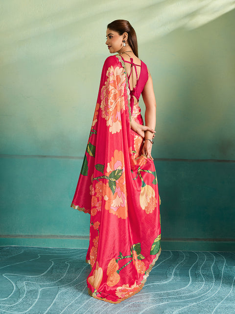Red saree with floral patterns