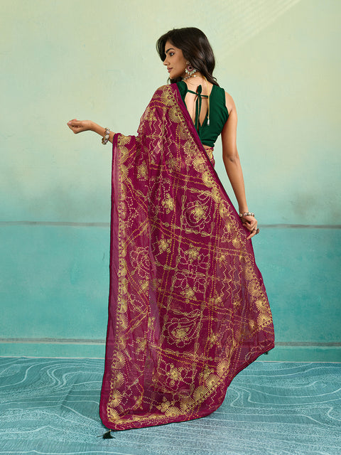 KcPc Designer Rajwari Style Chiffon Saree with Aari Embellishment  SNI