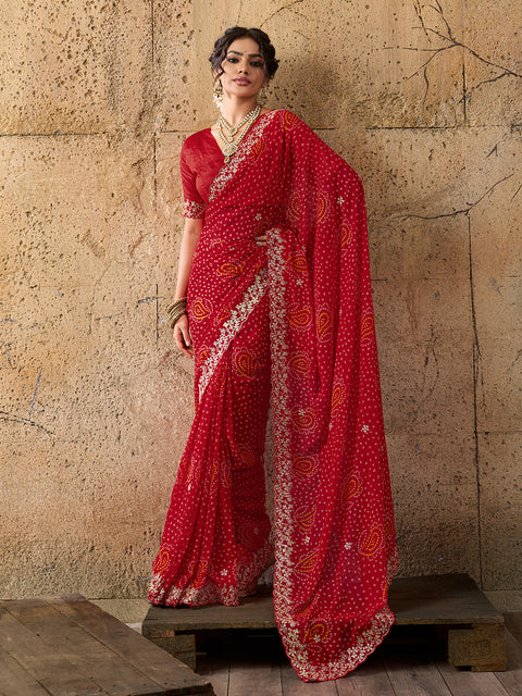 Handmade Pitta Aari Work saree in red colour