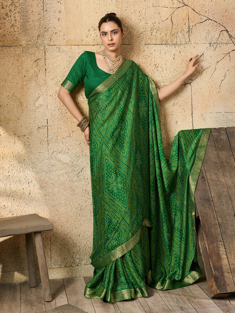 A green bandhani style chiffon georgette saree with a golden border and a matching green blouse piece, 