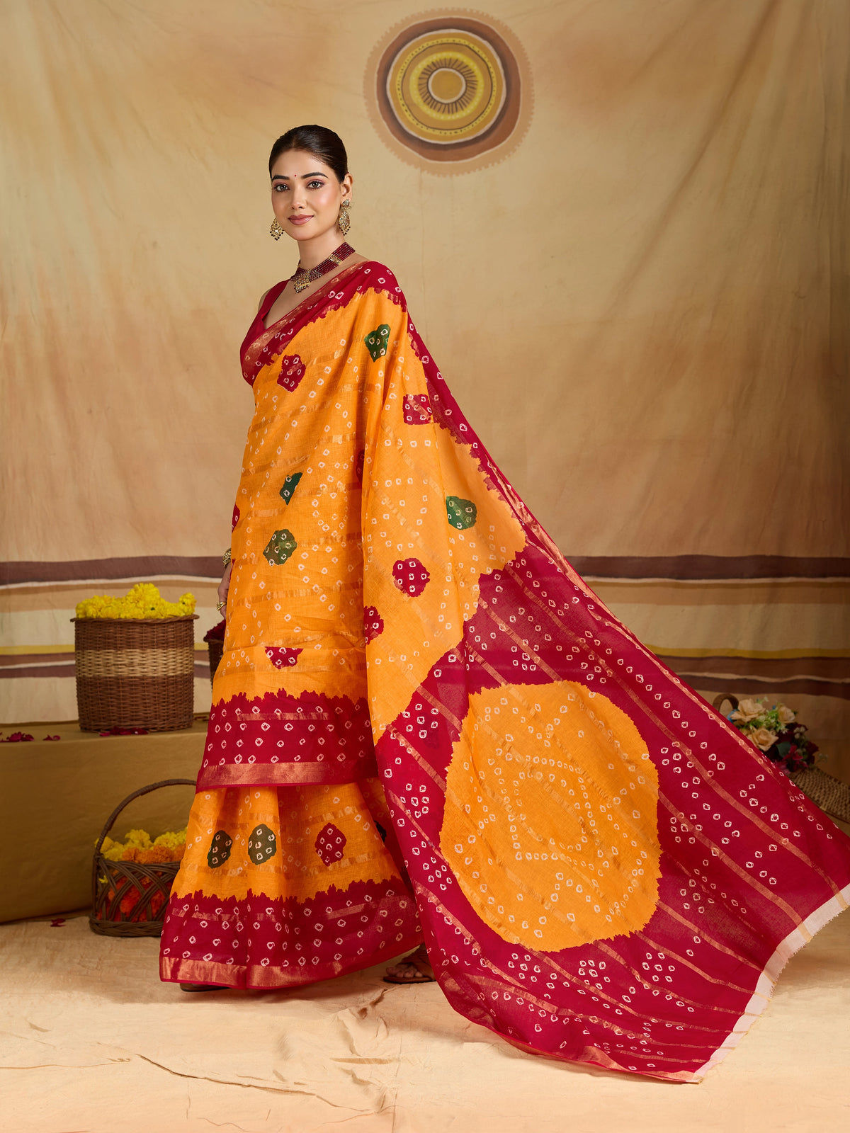 KcPc New Elegant Cotton Ghatchola Saree with Bikaneri Bandhej Work KC