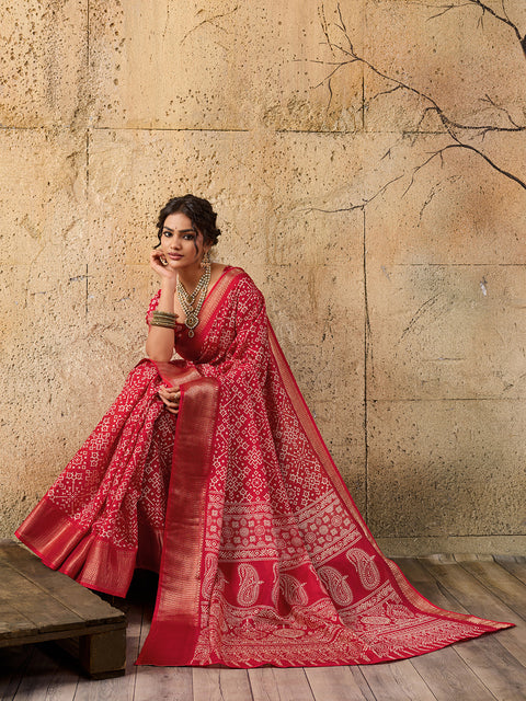 KcPc New latest Cotton silk Ajrakh style With Ajrakh HandPrint Work Saree STL