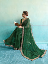 KcPc New Beautiful Georgette Leheriya Style With Embroidery Border Work Saree STL