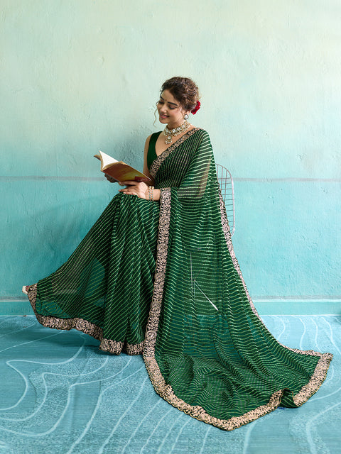 KcPc New Beautiful Georgette Leheriya Style With Embroidery Border Work Saree STL