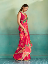 Red saree with floral patterns