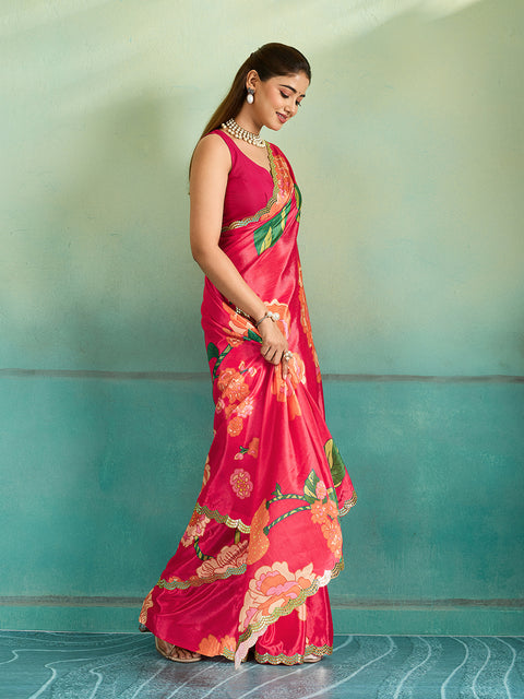 Red saree with floral patterns