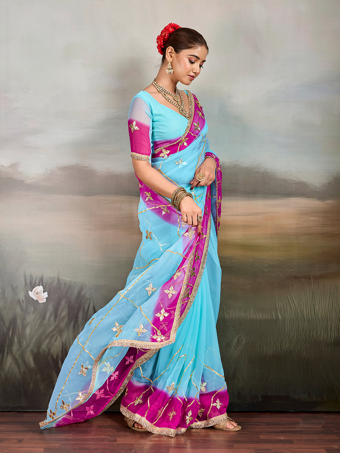 KcPc Traditional Style Chiffon Saree with Gota Patti DetailingMHS