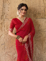 Handmade Pitta Aari Work saree in red colour
