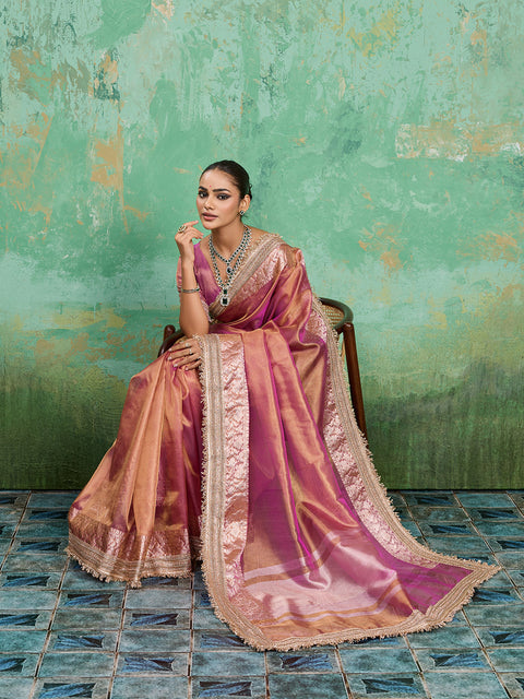  Banarasi Handloom katan silk Tissue Fabric saree in soft pink colour