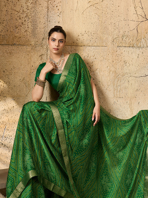 A green bandhani style chiffon georgette saree with a golden border and a matching green blouse piece, 