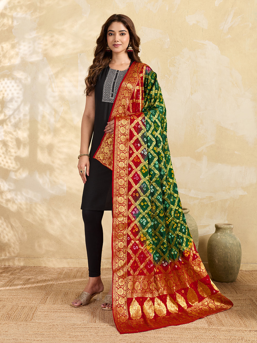 KcPc Jacquard Silk Bandhani Dupatta with Handmade Work