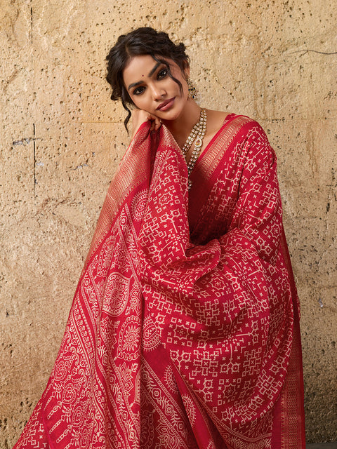 KcPc New latest Cotton silk Ajrakh style With Ajrakh HandPrint Work Saree STL