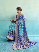 KcPc New Launch Pure Khaddi Georgette Upada Neemzari Bandhej SareeFirozi Blue