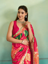 Red saree with floral patterns