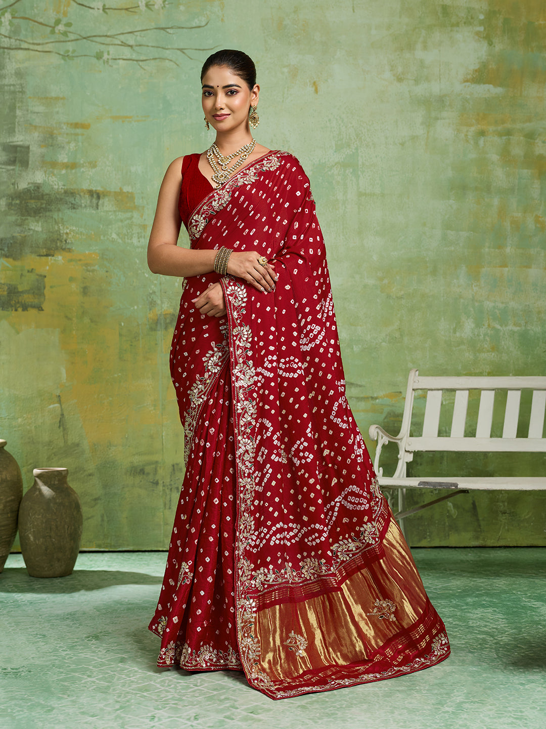 KcPc Special Bridal Gaji Silk Handmade Bandhej Saree With Gota Patti WorkSAM
