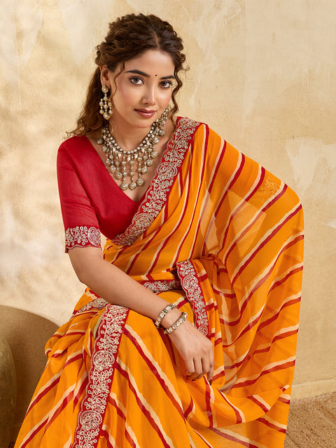 By New Beautiful Chiffon Leheriya Style With Embroidery Border Work Saree