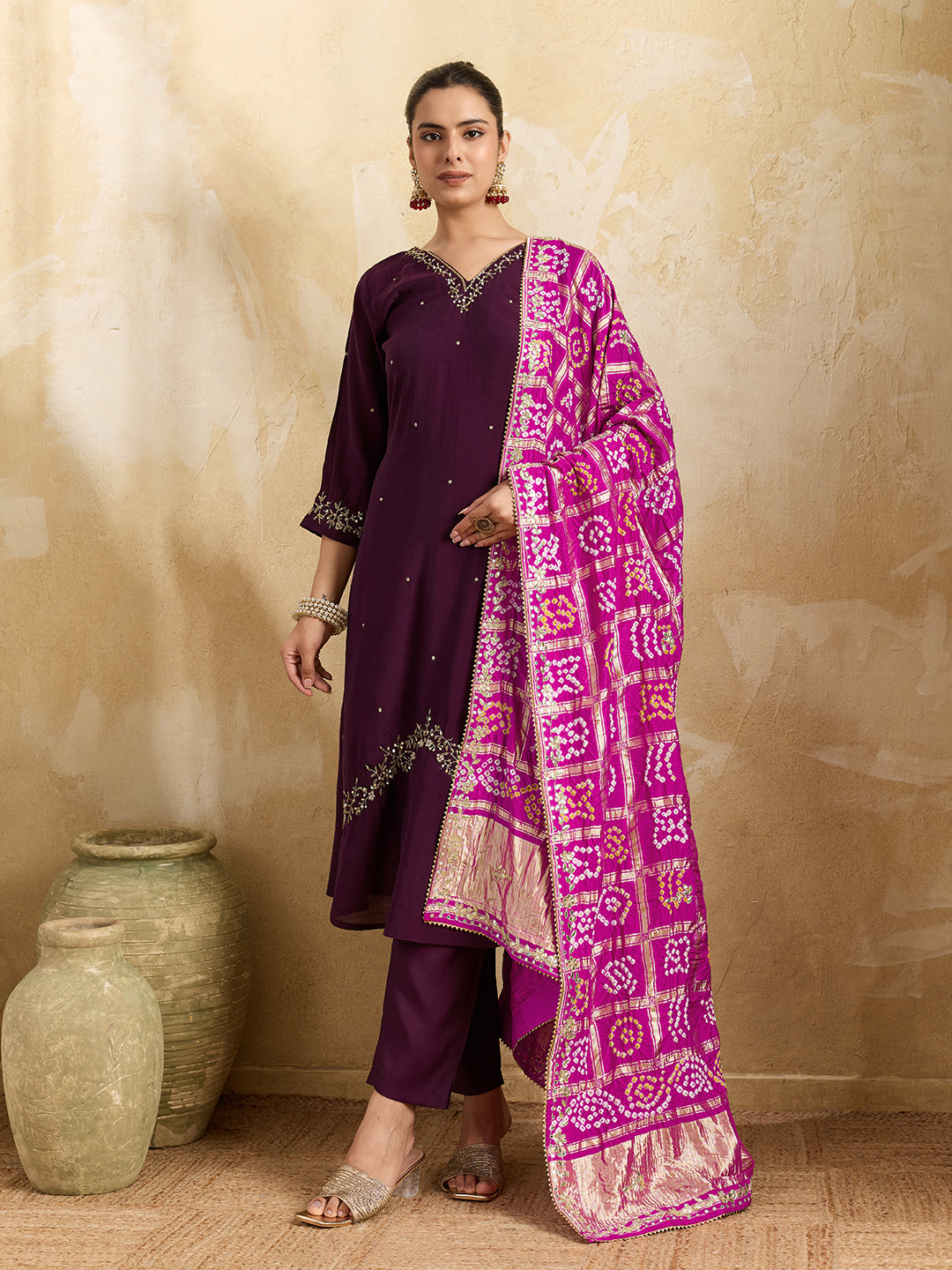 KcPc Traditional Modal Gaji Silk Bandhani Dupatta with Gota PattiGulinWork MEG