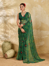 Buy green colour geometric patterned saree with bandhani style dots under 500