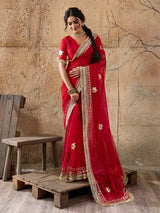 Buy Red saree with gold embroidery gatapati work in red colour