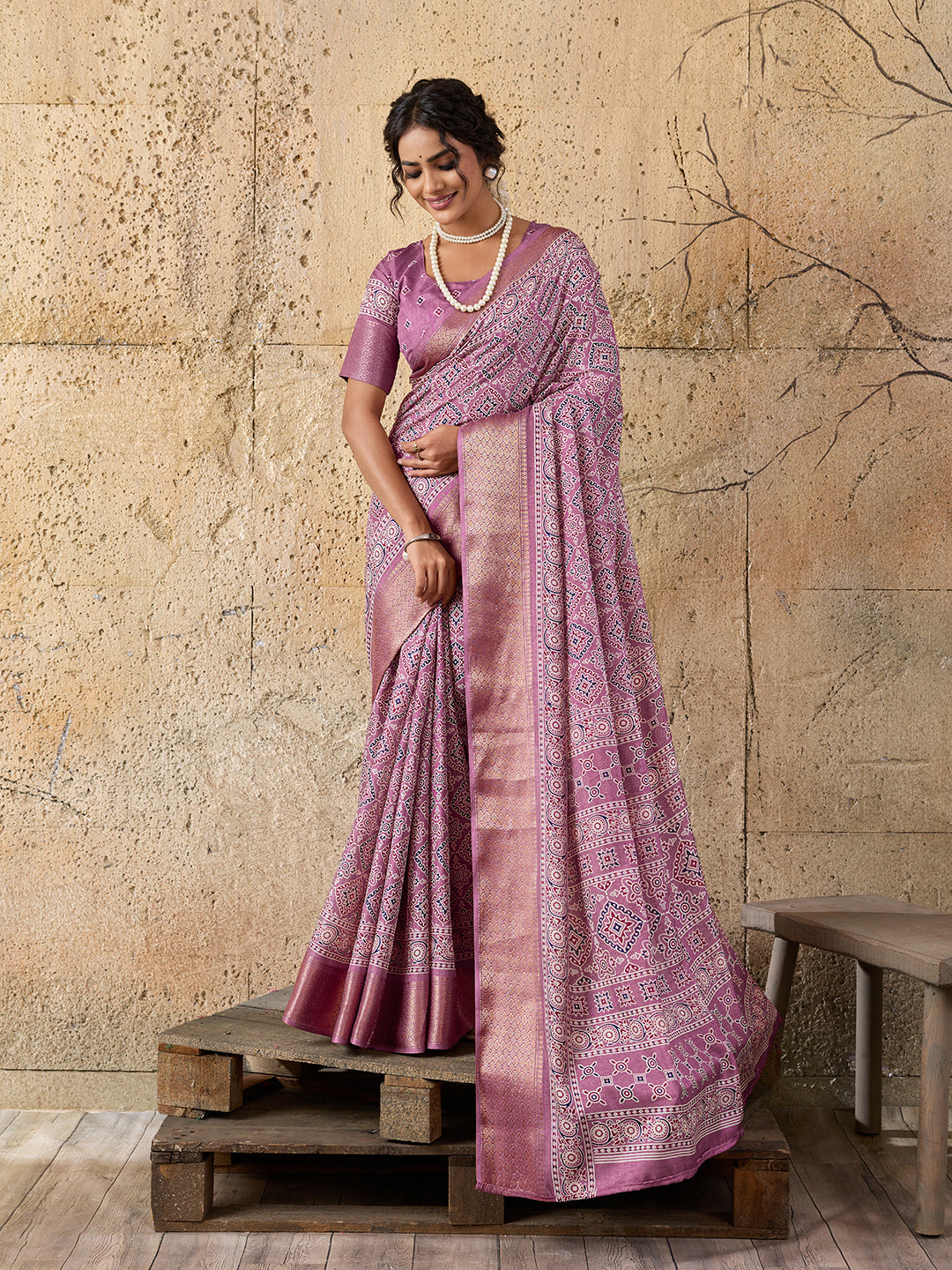 Cotton silk Ajrakh style Saree under 1000